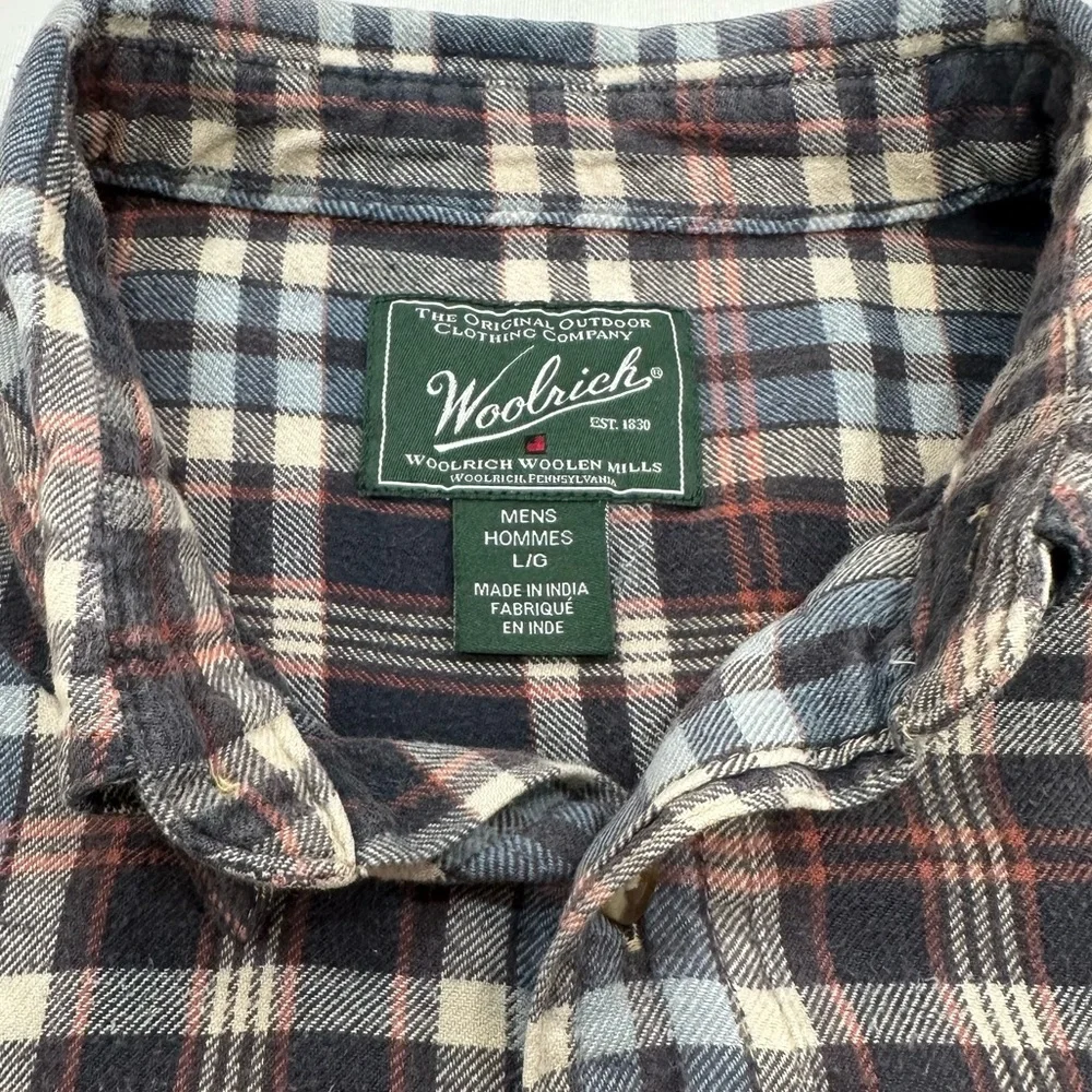 Woolrich Men's Black/Blue/White Plaid Flannel Long Sleeve Shirt Large_Vintage - Picture 7 of 9